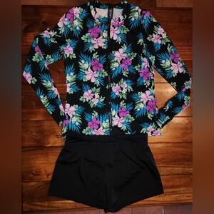 SWIMSUITS FOR ALL Zip-Up Rashguard & Swim Shorts 50 UPF UV Protection EUC Floral